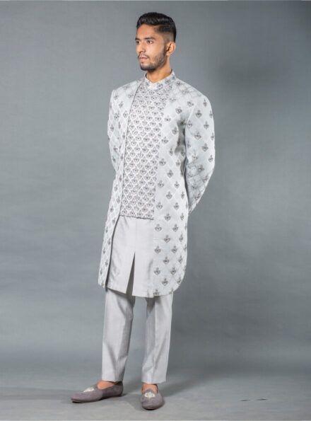 Three-piece Self Booti Designed Indo-Western with Attached Koti