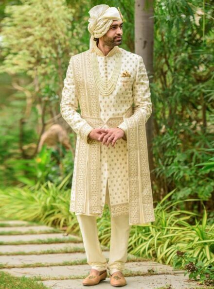 Four Piece cream Sherwani in Raw Silk