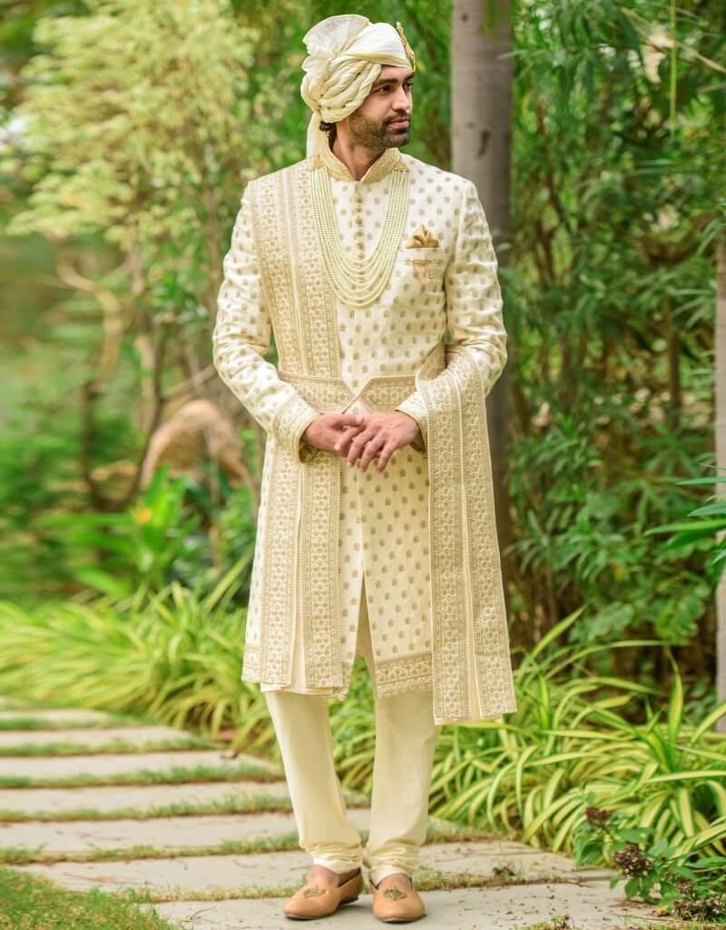 Four Piece cream Sherwani in Raw Silk