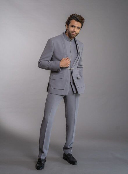 Three-piece Jodhpuri Suit Bandhgala Style in Grey