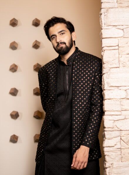 Three-piece Indo-western Oxidized Article Handwork in Black