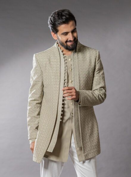 Four-piece Matka Silk Indo-western in Olive