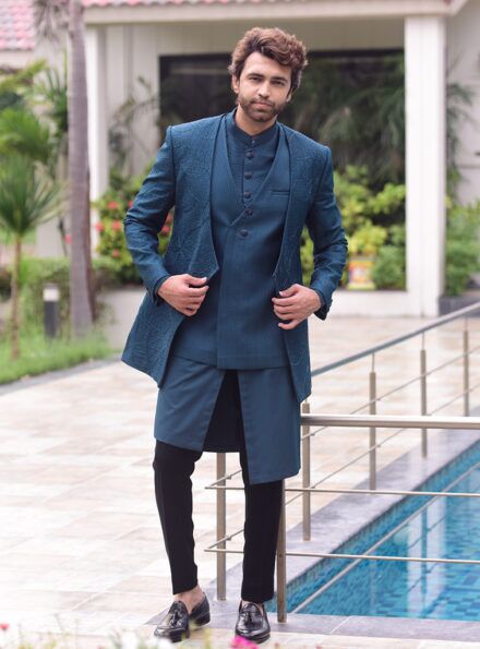 Four-piece Asymmetrical Cut Indo-western in Rama Green