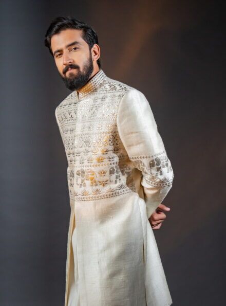 Three-piece Leather Patchwork Indo-Western in Ivory