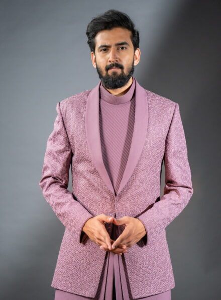 Three-piece Tuxedo Lapel Look Indo-western in Onion Pink