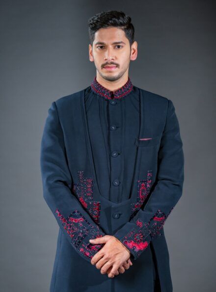 Three-piece Applique Patchwork and Hand Embroidery Jodhpuri Suit in Blue