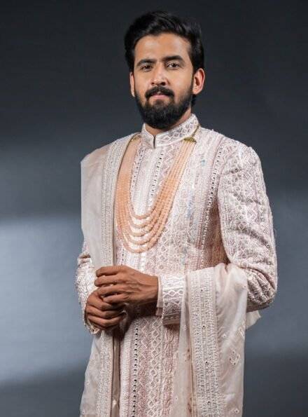 Four Piece Mirrorwork Sherwani in Dusty Pink