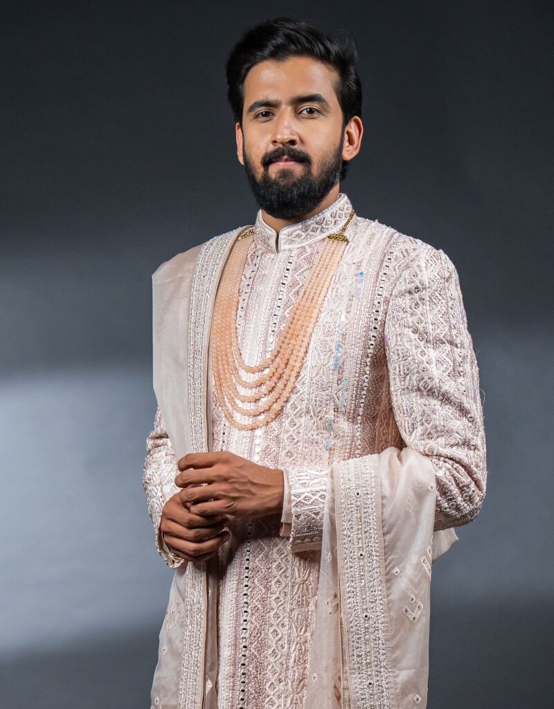 Four Piece Mirrorwork Sherwani in Dusty Pink