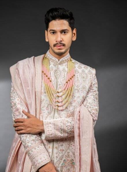 Three-piece Handwork With Digital Print Sherwani in Pink