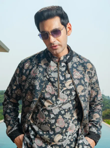 Men's Floral kurta with bomber jacket