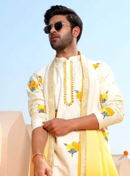 Yellow Floral Embroidered Kurta Set for Men