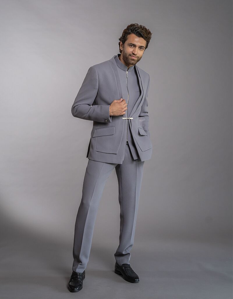 Three-piece Jodhpuri Suit Bandhgala Style in Grey